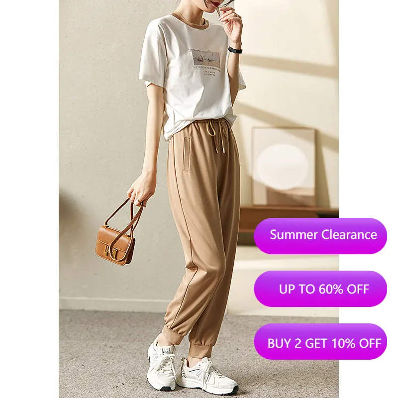Vimly Sporty Suit Sets Women Summer 2022 O-Neck Printing Embroidery T-shirts Hong Kong Style Casual Pants Two Piece Suits V3322