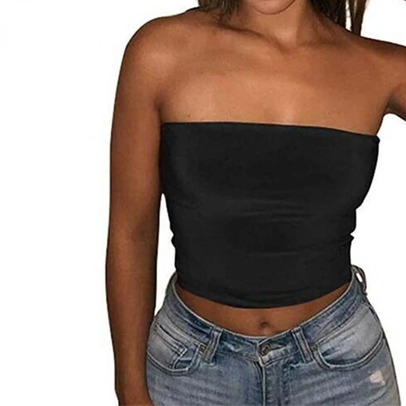 Women Sexy Strapless Off Shoulder Crop Tube Top Solid Color Stretchy Bandeau Seamless Casual Basic Breast Wrap No-Padded Bra