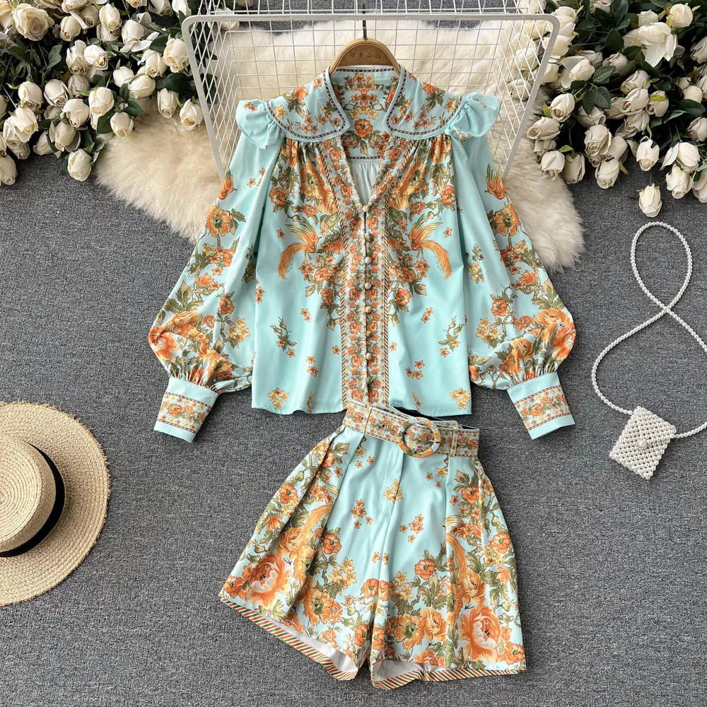 

Amolapha 2022 Spring Autumn Lantern Long Sleeve Vintage Shirts Tops+High Waist Shorts Fashion Two Piece Set For Women