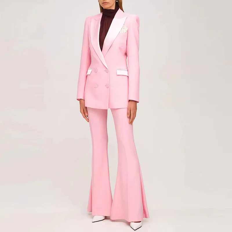 

Flared Women Suits Business Peak Lapel Blazer Pantsuits Two Piece Office Ladies Double Breasted Pants Formal Suit Blazer+Pants