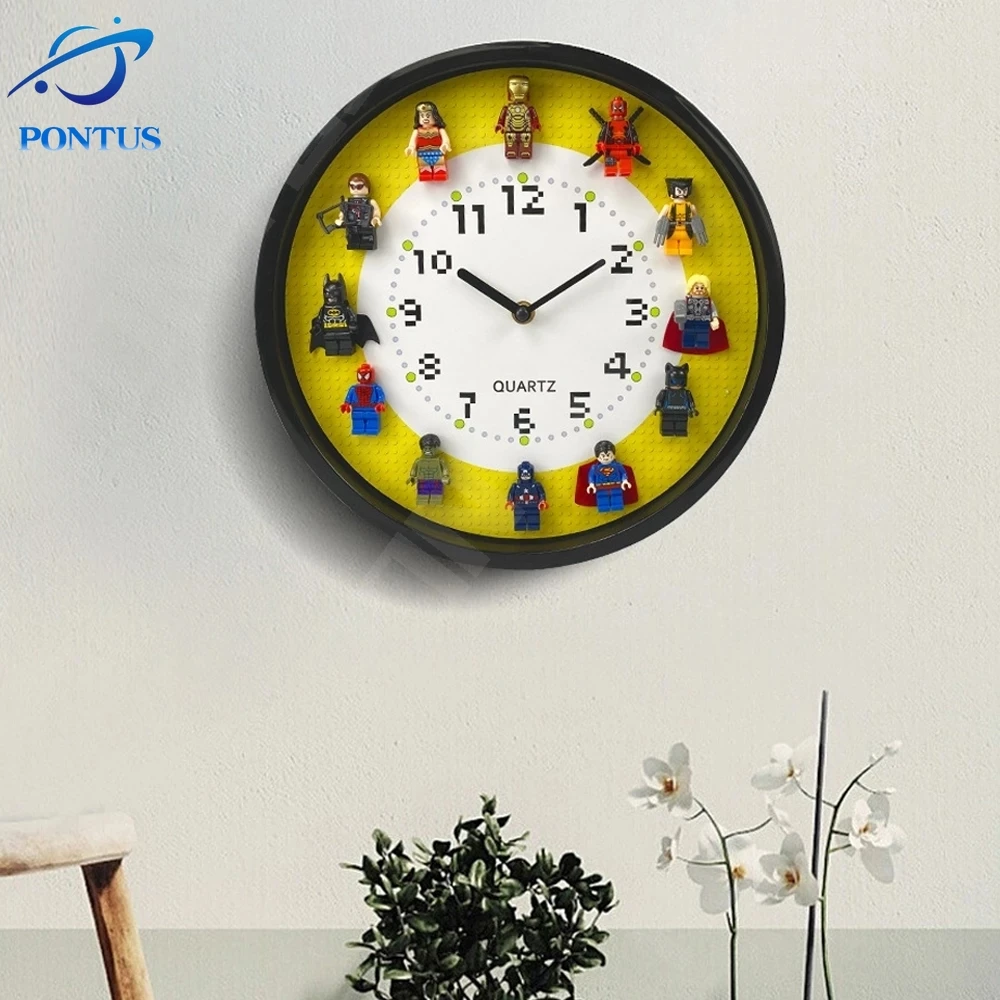 

12 Inch Cartoon Wall Clock Building Blocks Superhero Doll Walls Clock Living Room Decoration 3D Cute Wall Clocks Home Decor