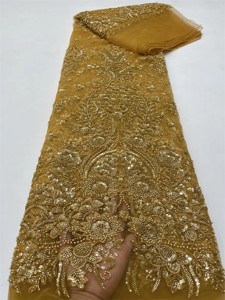 

Luxury African Heavy Beaded 2023 High Quality Nigerian Sequins With Pearl Lace French Tulle Fabric For Party Dress Sew