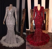 sparkly red sequined long mermaid prom dresses 2022 luxury full sleeve v neck women african royal blue formal evening party gown