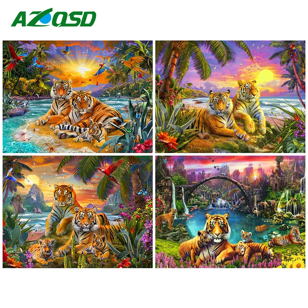 

AZQSD Diamond Mosaic Tiger Full Square Diamond Painting Animal Rhinestones Embroidery Sunset Seaside Cross Stitch Wall Decor