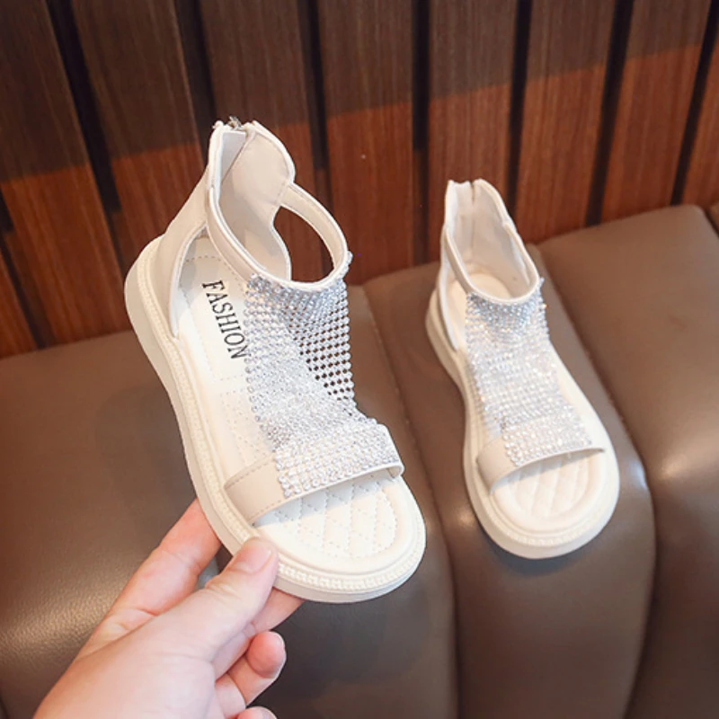 

Сандалии Детские с блестками, роскошные босоножки принцессы, на молнии, с мягкой подошвой, стильная пляжная обувь для детей, большие размеры 24-37, лето