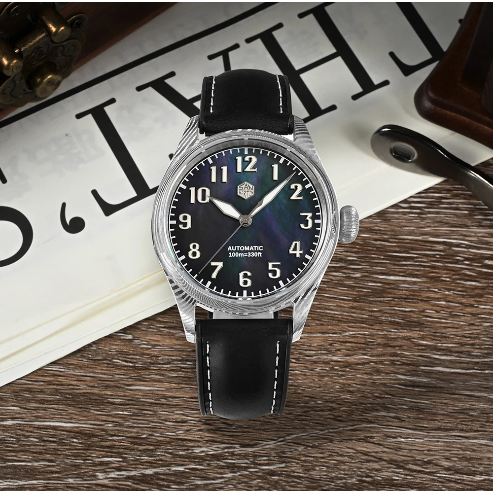 

San Martin 39mm Pilot Men Watch Damascus Steel MOP Dial Top Brand Limited Luxury Edition PT5000 SW200 Automatic Mechanical 10Bar