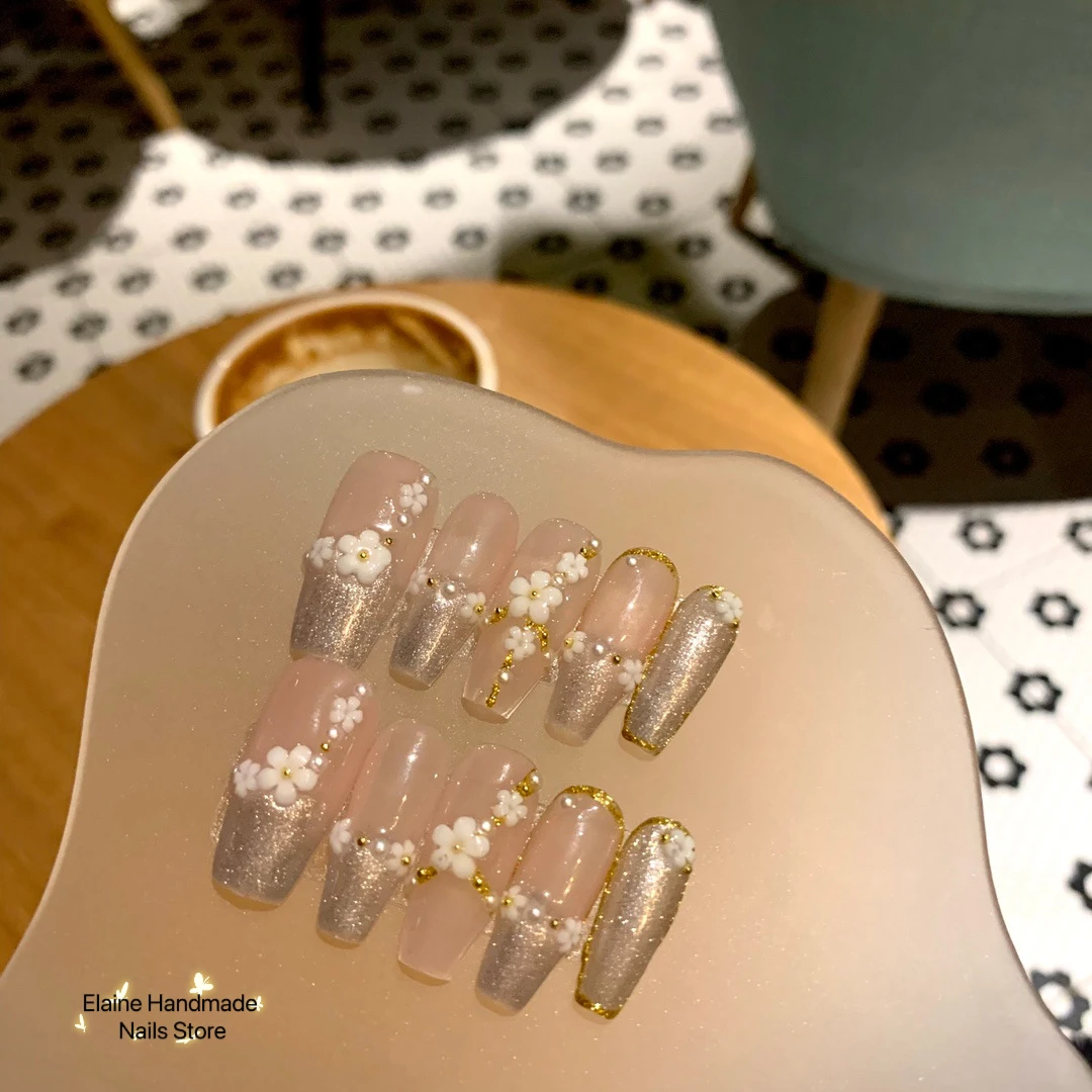 

Handmade Long Full Cover Ballerina Acrylic China Professional French Style Flower Painting Art Sticker Press On Nails Set