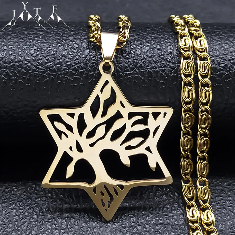 

Magen Star of David Tree of Life Necklace for Women Men Gold Color Hollow Pendant Hexagram Plant Necklaces Jewelry Gift N8078S05