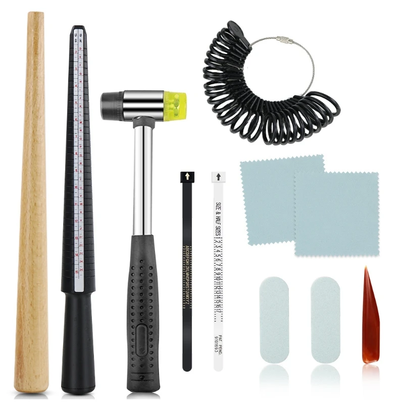 

11Pcs Ring Mandrel Sizer Stick Finger Guage Hammer Jewelry Measuring Tools Kit Equipment