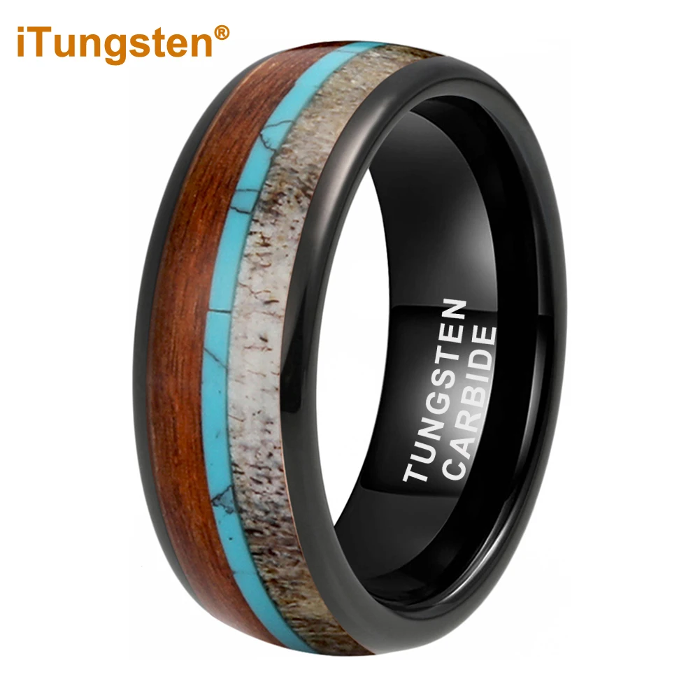 

iTungsten 8mm Black Tungsten Carbide Ring Men Women Deer Antler Koa Wood Inlay Wedding Band Fashion Jewelry Domed Comfort Fit