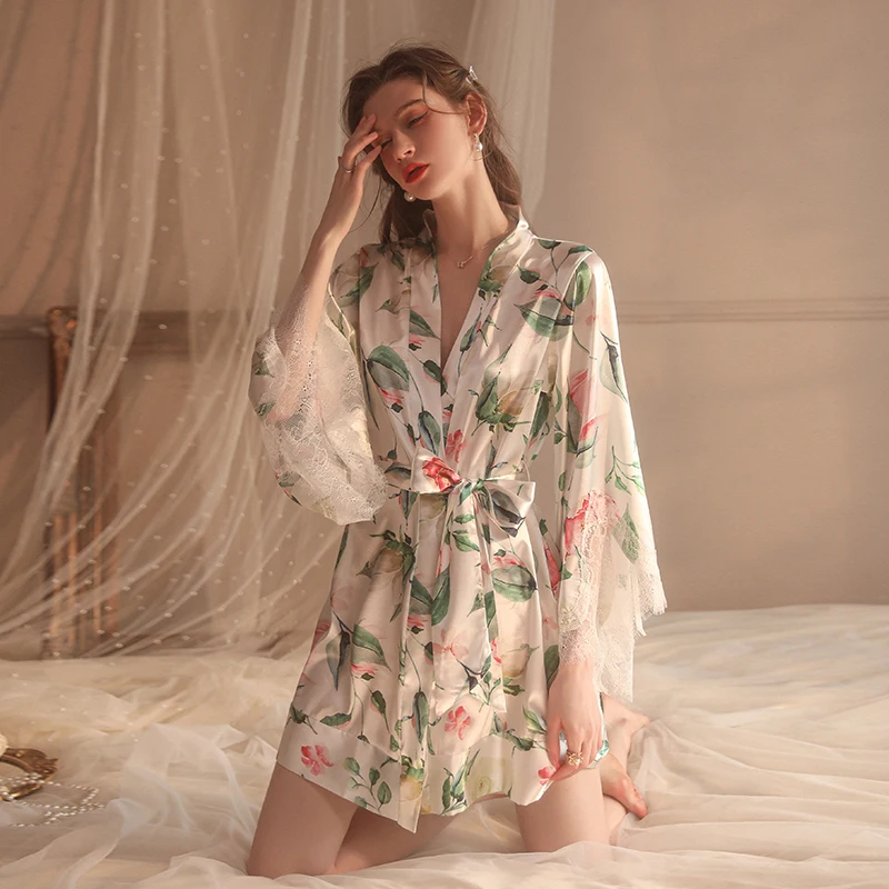 2023 Autumn Lingerie for Women Sexy Lace Perspective Temptation Pajamas Printed Lace-Up Robe Women's Homewear Set Sleepwear