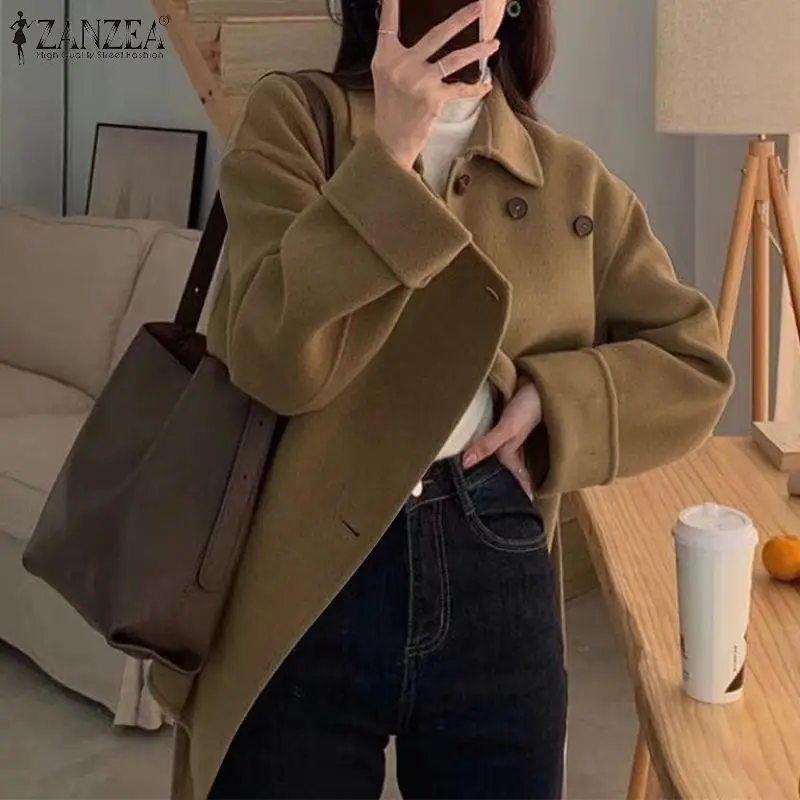 

Lady Fashion Woolen Coats Women Long Sleeve Lapel Cardigans ZANZEA Casual Vintage Jackets Oversized Spring Autumn Solid Outwear