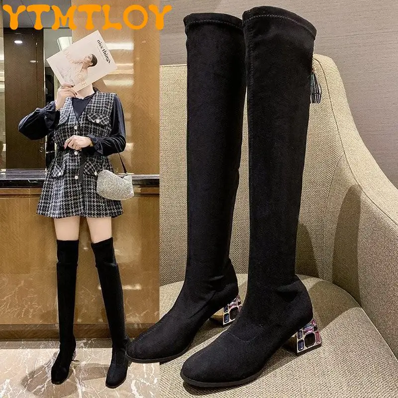 

Rhinestone Thick Heel Over The Knee Boots Chimney Stretch Boots Boots Ladies Mid-heel Color Matching Boots Fringed High Boots