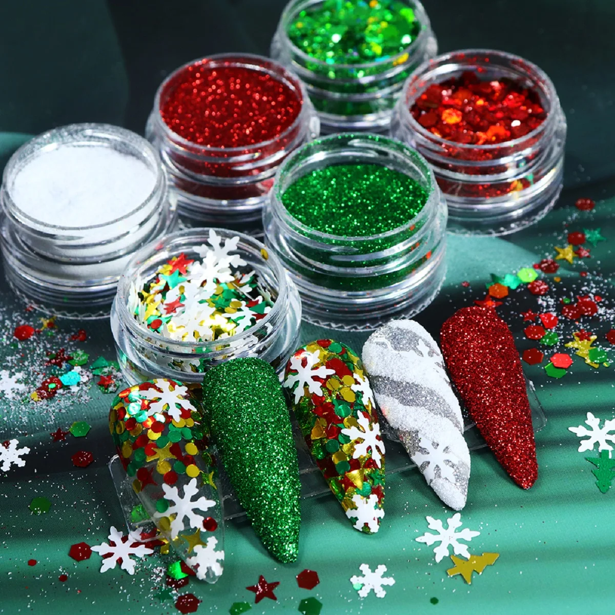 

6Pc/Set White Snowflake Nail Sequins Sugar Powder Mixed Red Green Chunky Glitter Hexagon DIY Christmas Charm Nail Art Decoration