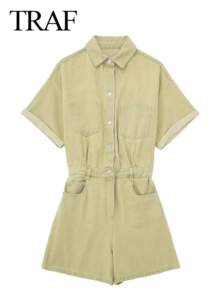 

TRAF Women New Fashion Denim Casual Lapel Pocket Jumpsuit Sexy Short Sleeve Bodycon Ropa De Overalls One Piece Woman Clothing