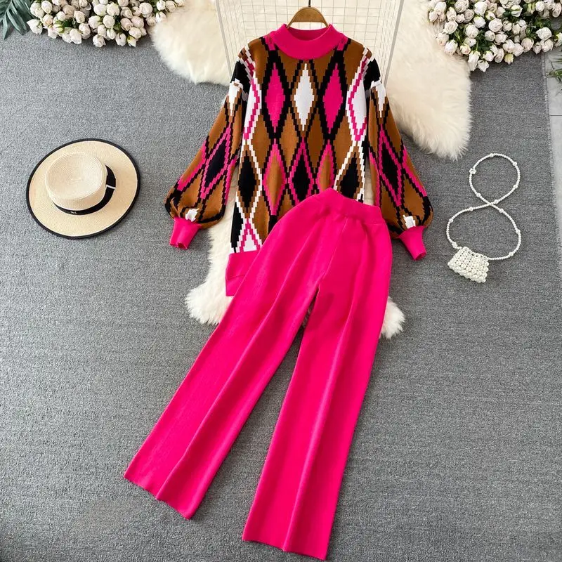 Женский комплект из двух предметов свободный клетчатый свитер и облегающие