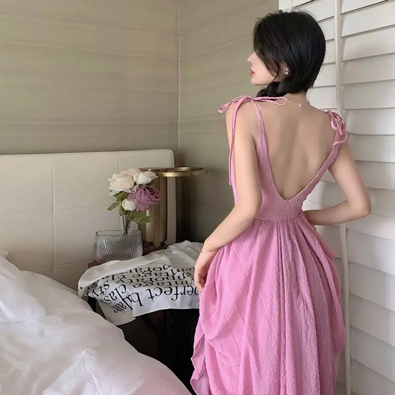 

Женское платье на бретелях-спагетти, розовое асимметричное длинное платье без рукавов с открытой спиной, модель 2023 на лето, 9123