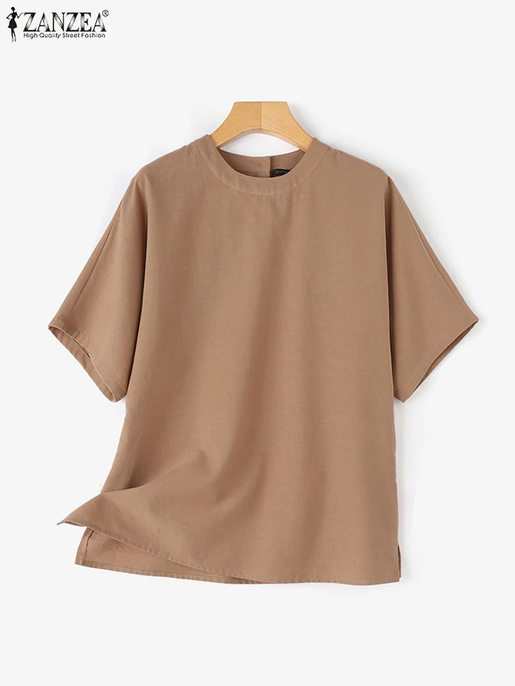 Летняя Повседневная хлопковая блузка ZANZEA с коротким рукавом и круглым вырезом