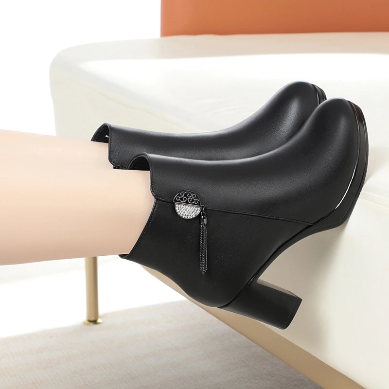 AIYUQI Women Winter Boots Genuine Leather 2023 New High Heel Dress Women Boots Warm Wool Office Women's Booties