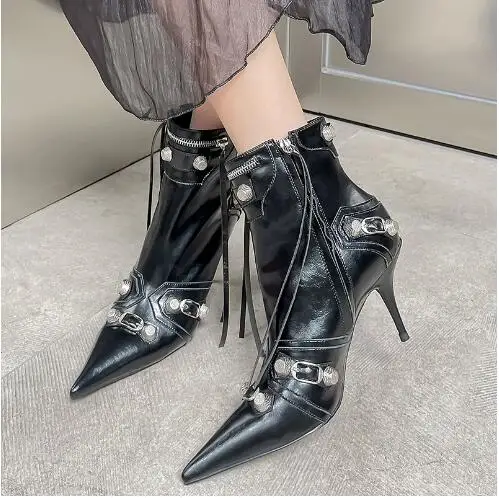 

Drop Shipping Black Leather Pointed Toe Buckle Sliver Metal Rivet Ankle Boots Women 8 CM Thin High Heel Zipper Side Short Boots