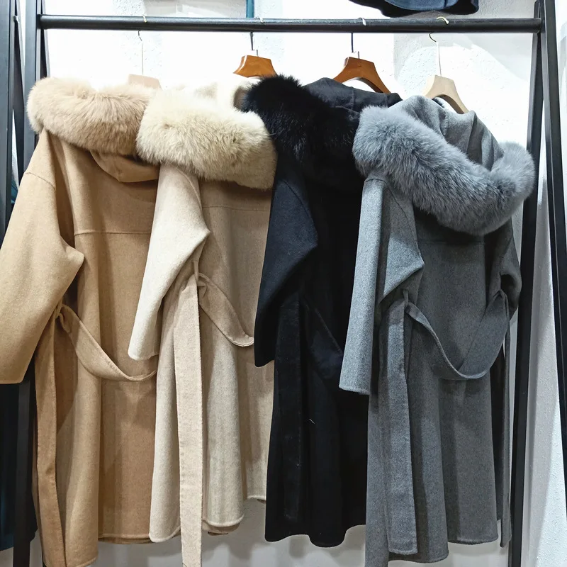 

Classic long genuine fox fur hooded pure wool coat for women oversize loose-fit cardigan overcoat casacos de inverno feminino