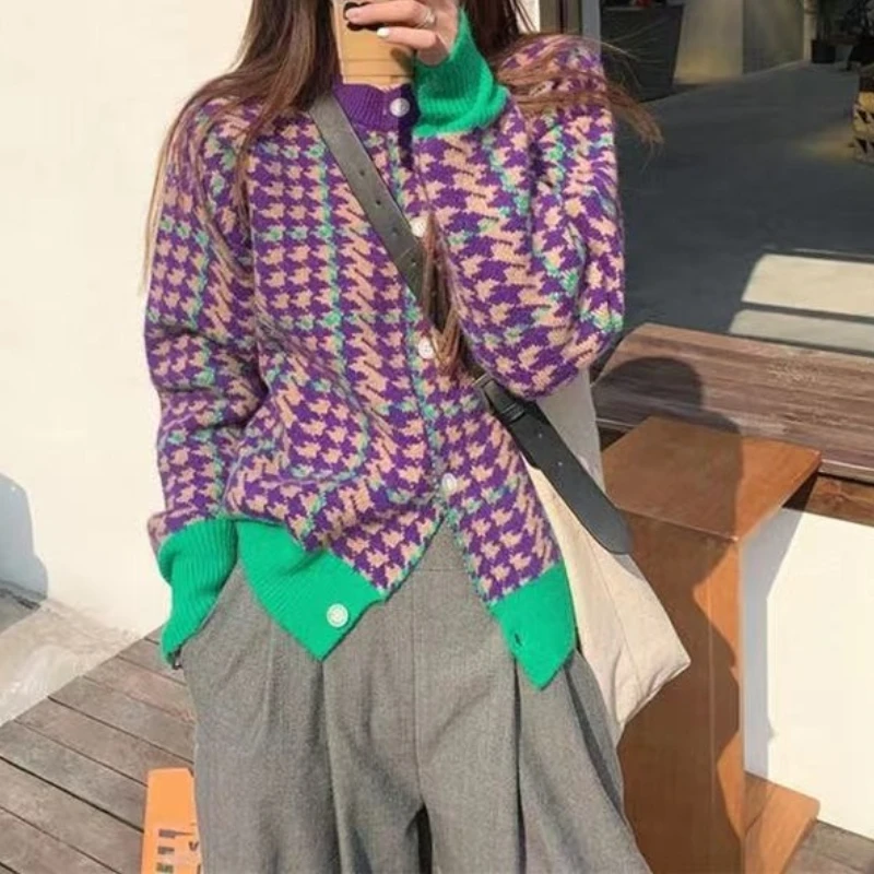 

Women O-Neck Single Breasted Loose Casual Knitted Sweater Retro Purple Houndstooth Knitted Cardigan Autumn Winter Warm Jumpers