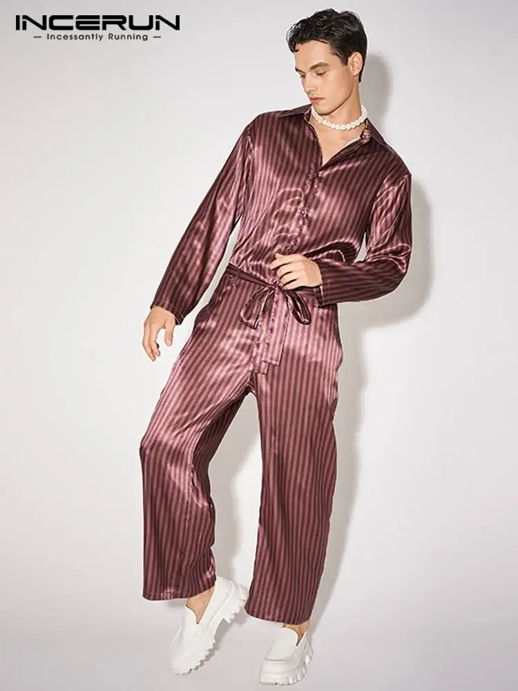 

INCERUN Men Jumpsuits Striped Lapel Long Sleeve Streetwear 2022 Button Casual Overalls Men Loose Fashion Rompers With Belt S-5XL
