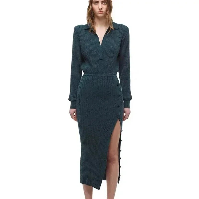 

New 2023 Autumn Women V-neck Spliced Rib Knit French Midi Dress