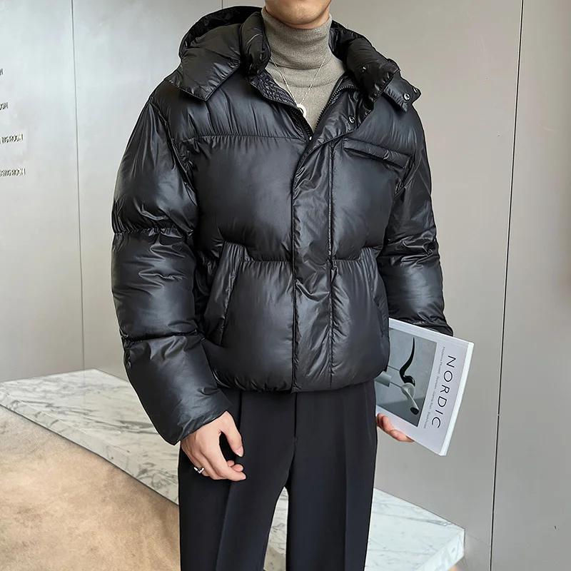 Winter Jacket Men Warm Fashion Thicken Bright Down Jacket Men Korean Loose Thick Hooded Short Coat Mens Parker Clothes M-XL