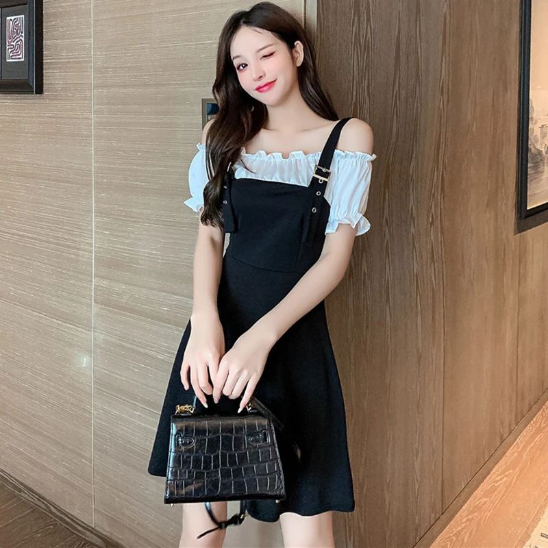 

Summer Patchwork Black Off Shoulder Sexy Mini Sling Dress Women Korean Casual Hepburn Dress 2022 Vintage Elegant Party Vestidos