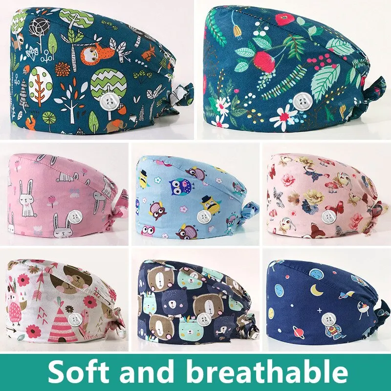

Unisex Scrubs Caps Adjustable Cotton Scrub Nurse Hats with Sweatband Sweat-absorbent Elastic Multicolor Scrubs Hats