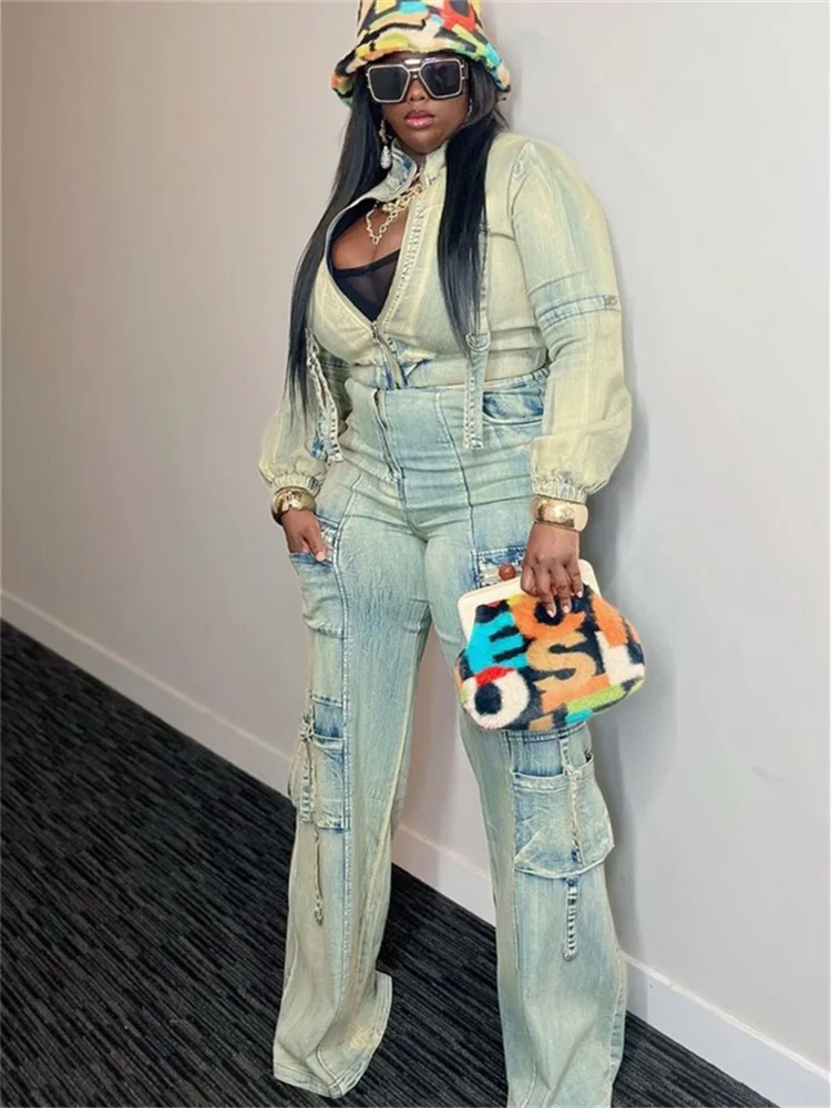 Pant Sets Long Sleeve Women Tracksuits Zipper Denim Coat Cargo Ankle Length Pants Pockets High Street Spliced Baggy 2024