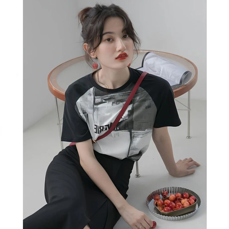 

Черно-серые футболки, стильные летние топы в стиле преппи, модные футболки Y2k с коротким рукавом, строгие футболки, корейские свободные женские футболки