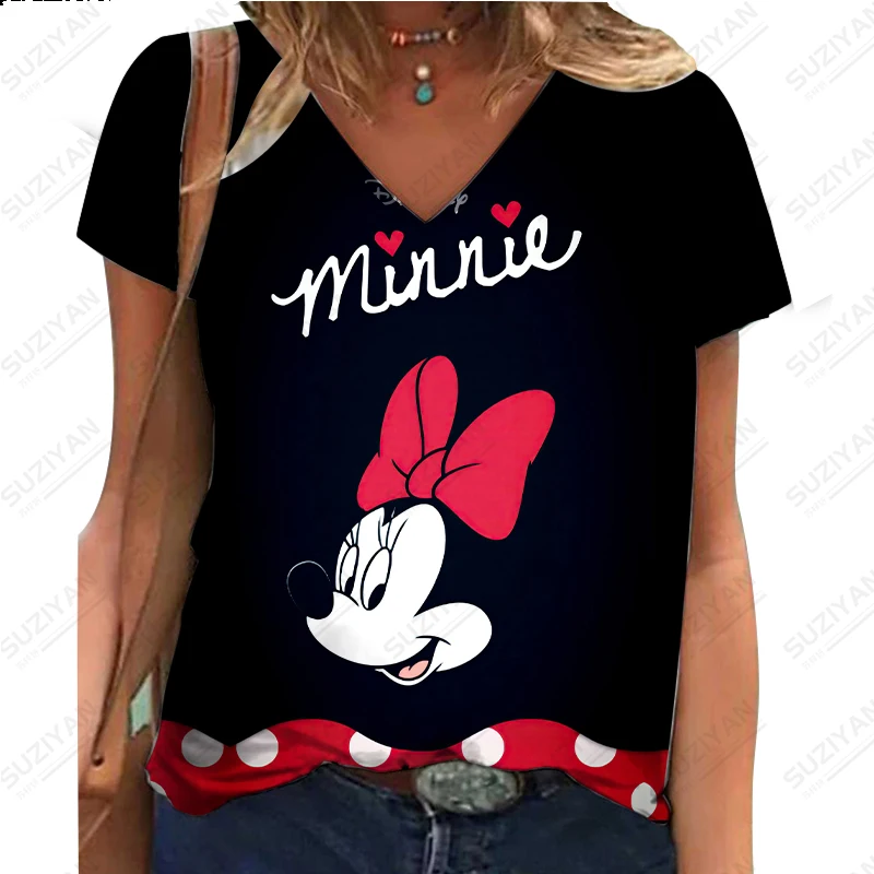 

2023 Women's Summer New Fashion Disney Mickey Mouse Minnie 3D Printed Short Sleeve T-shirt Women's V-neck Casual Commuter Style