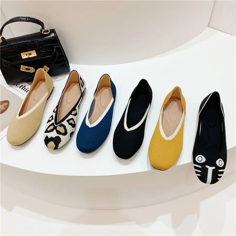 Women's Flat Shoes Ballet Breathable Knit Round Head Moccasin Mixed Color Soft Shoes Women Zapatos De Zapatillas Mujer Flats