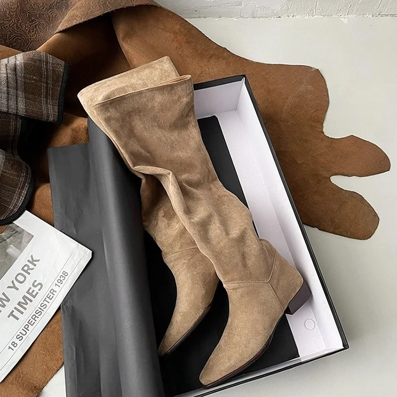 

Knee- High Boots Simple Pleated Stretch Suede Winter Botas Big Circumference Spring Autumn Woman Large Size42 Shoes for Women