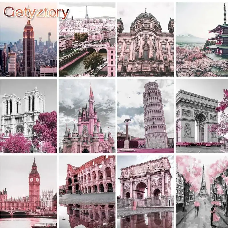 

GATYZTORY Modern Painting By Numbers For Adults Pink City Landscape Kill Time Wall Art Handicrafts With Frame Canvas Painting