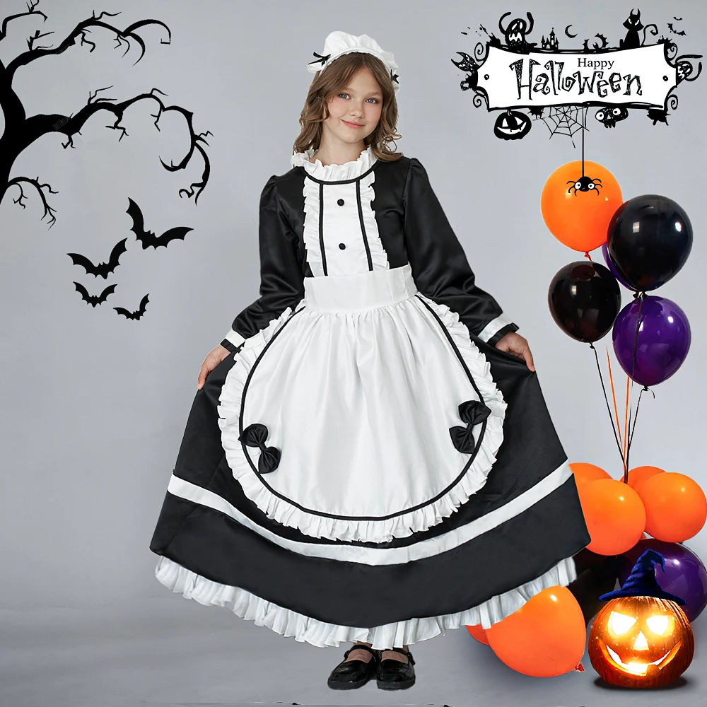 

Black White Halloween Costume Maid Cosplay Dress For Girls Children Performance Long Sleeve Party Birthday Princess Vestidos