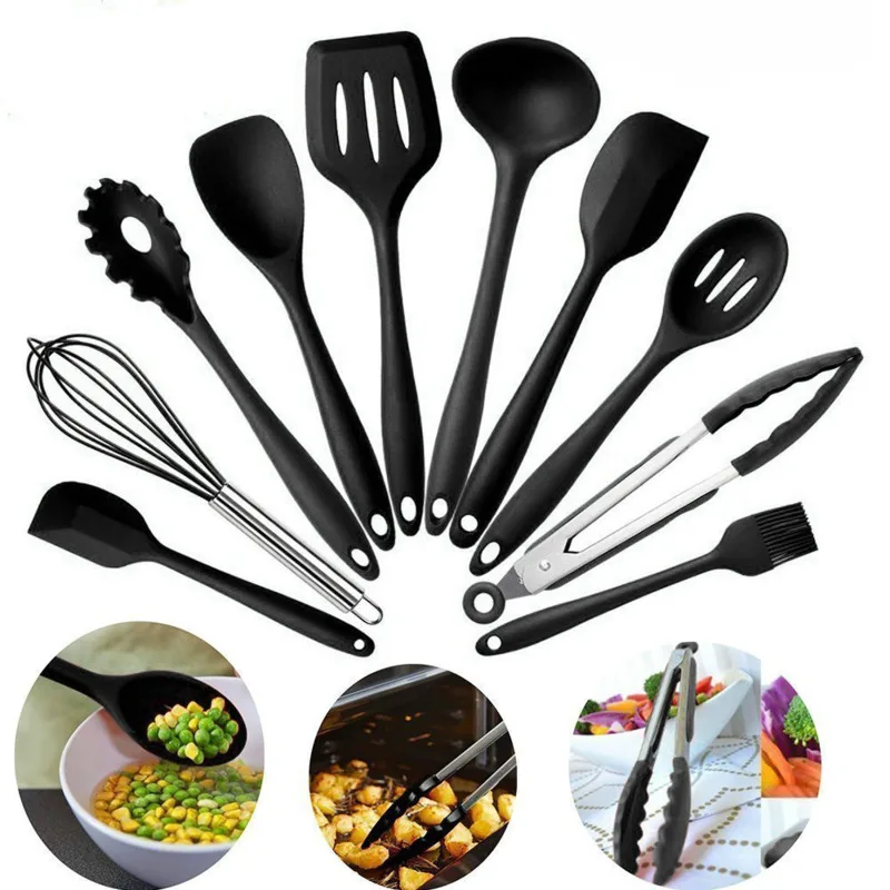 

10piece Silicone Spatula Kitchen Set Wooden Handle Shovel Heat-resistant Cooking Utensils Kitchenware Kit Non-Stick Baking Tool