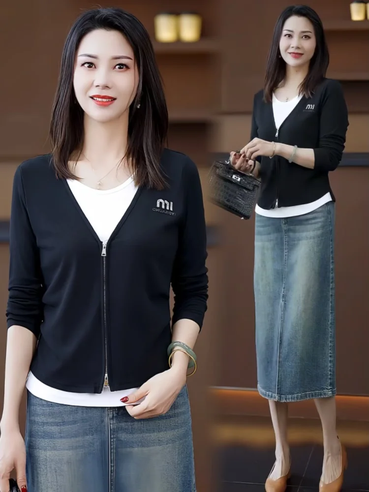 Поддельная модная футболка из двух предметов женская весна и осень новый