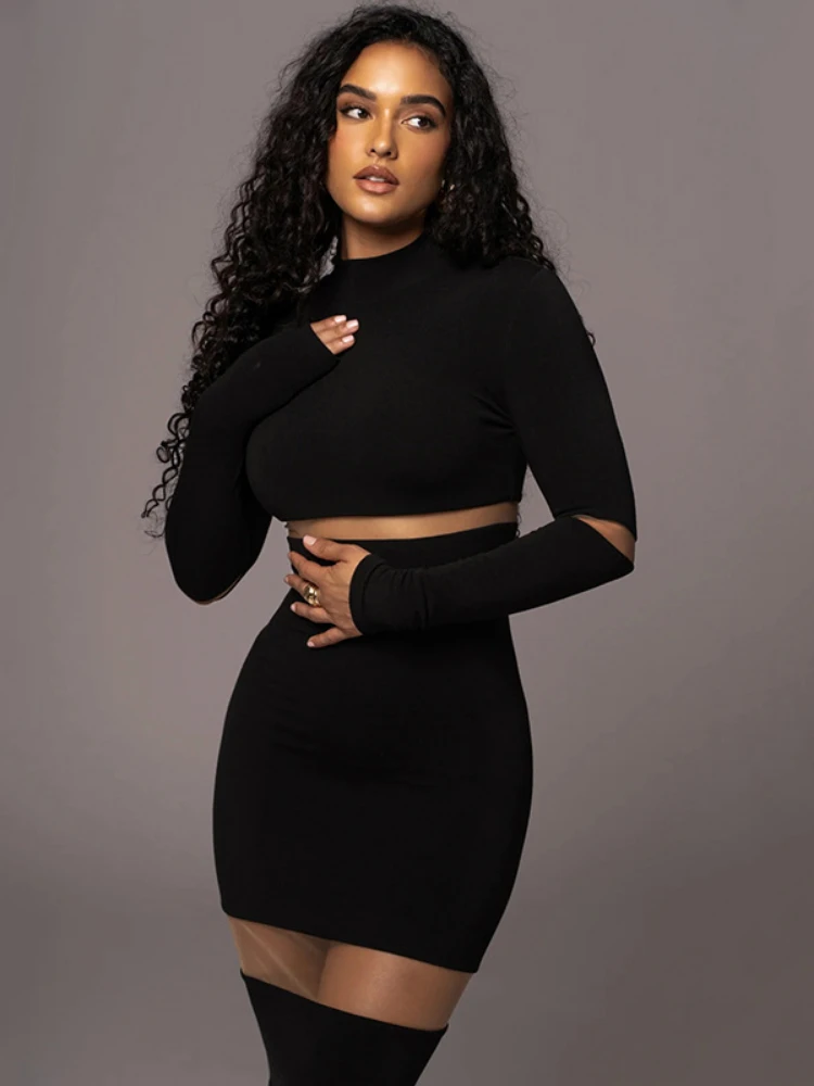 

Lace Patchwork Sexy Bodycon Dress Round Neck Long Sleeve See Through Autumn Dress Wedding Party Evening Dresses Elegant Luxury