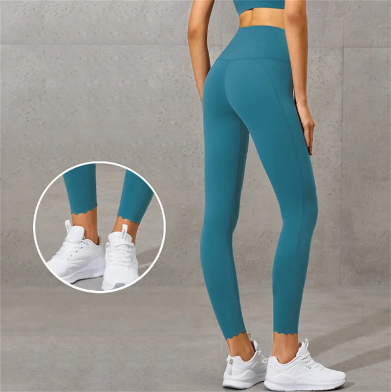 

2022 Women Running Pant Scallop Edge Tight High Waist Water Ripple Design Super Quality Side Pockets Leggings