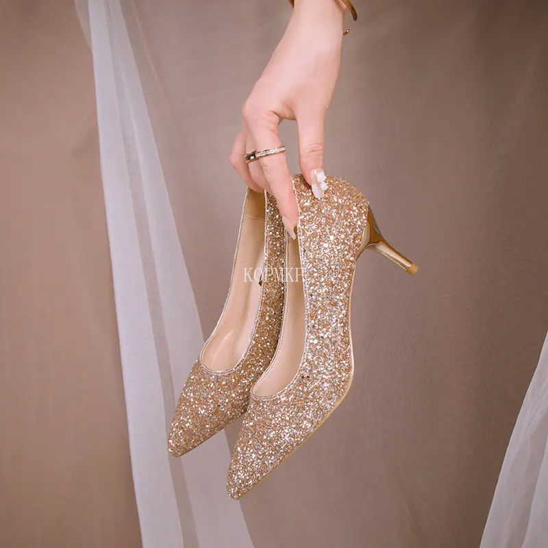

Туфли-лодочки женские с острым носком, высокий каблук, пикантная Свадебная обувь, блестящие, под платье, золотистые