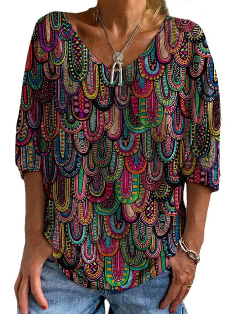 

Women Summer Vintage T-Shirts Tops 2022 Casual Harajuku Short Sleeve V-Neck Ladies Digital Printed Pullover Tops Female Blouse