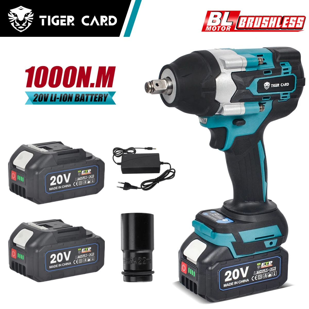 

1000N.M Torque Brushless Electric Impact Wrench with Rechargeable Battery 1/2" Cordless Wrench Power Tool For Makita 18V Battery