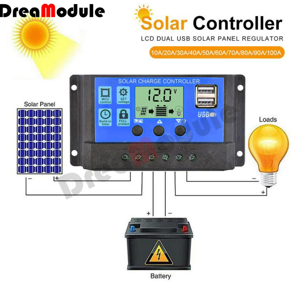 

Solar Voltage Regulator 12V/24V10A 20A 30A Solar Controller Dual USB Output PWM Battery Charger LCD Display Dual USB 5V Output