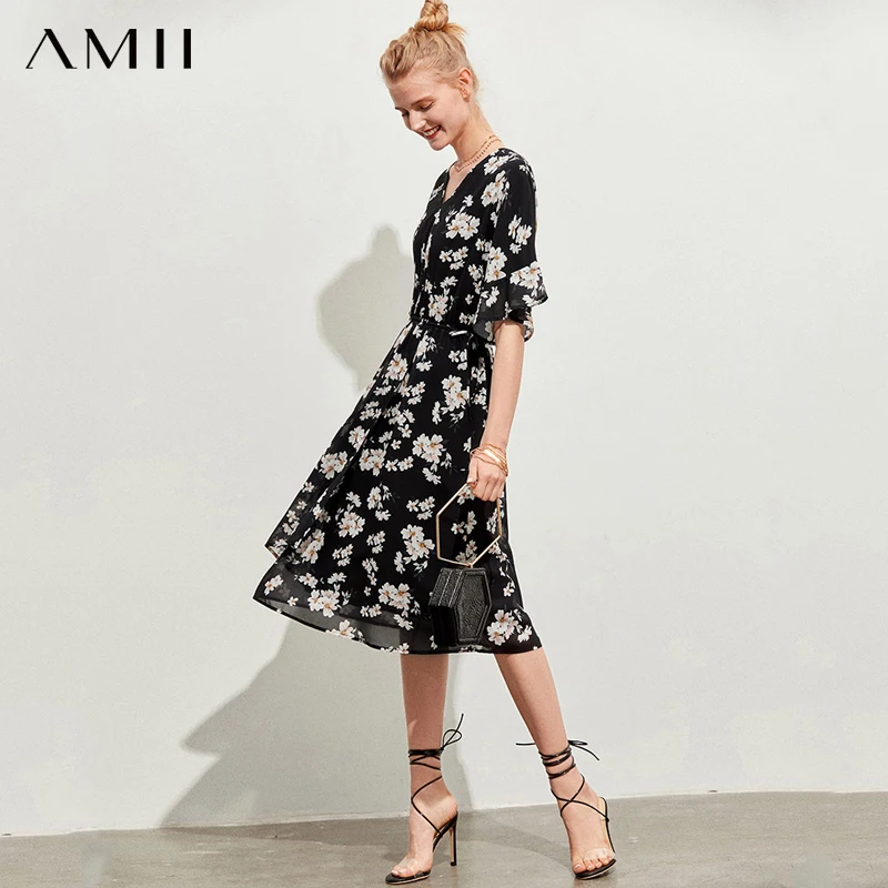 

Amii Minimalism Summer Women's Dress Female Beach Dress Office Lady Vneck Floral Chiffon Dress Elegant High Waist Dress 12140751