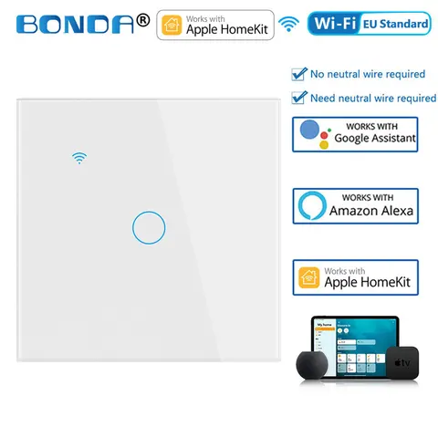 Умный выключатель Apple Homekit, без нейтрального Wi-Fi датчика, сенсорный выключатель, Настенный умный дом, 1/2 /3 клавиши, голосовое управление Siri 2022