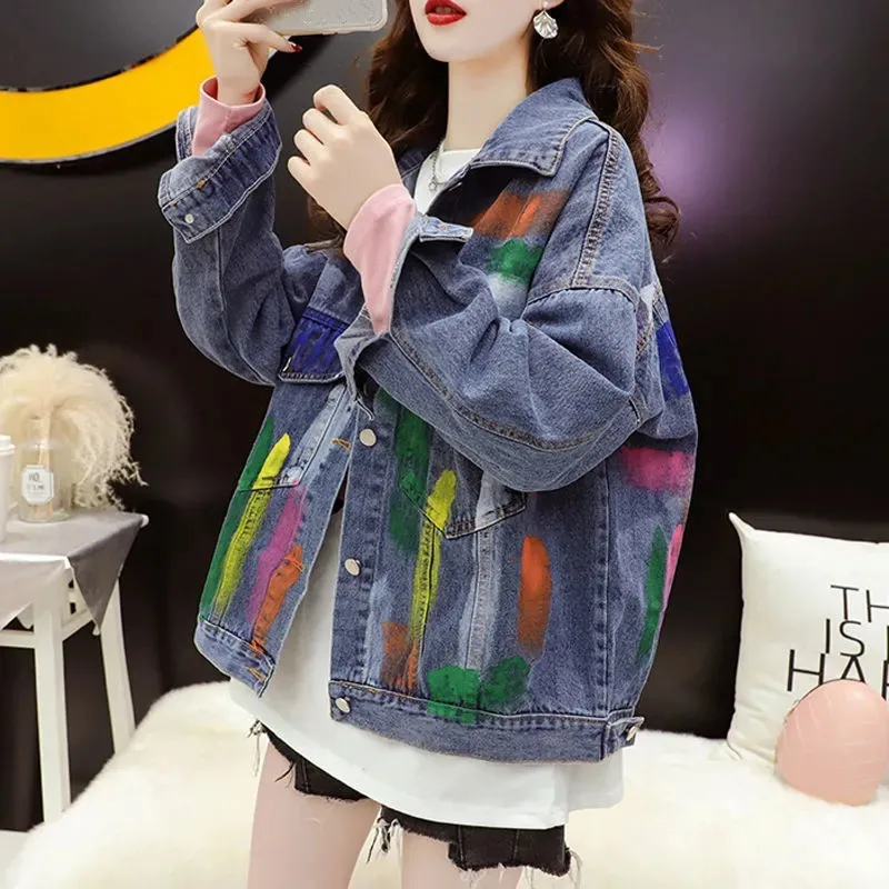 

Fashion Blue Black Hand-painted Graffiti Print Denim Jacket Women Spring Autumn Korean Loose Casual Short Kurtka Jeansowa Damska