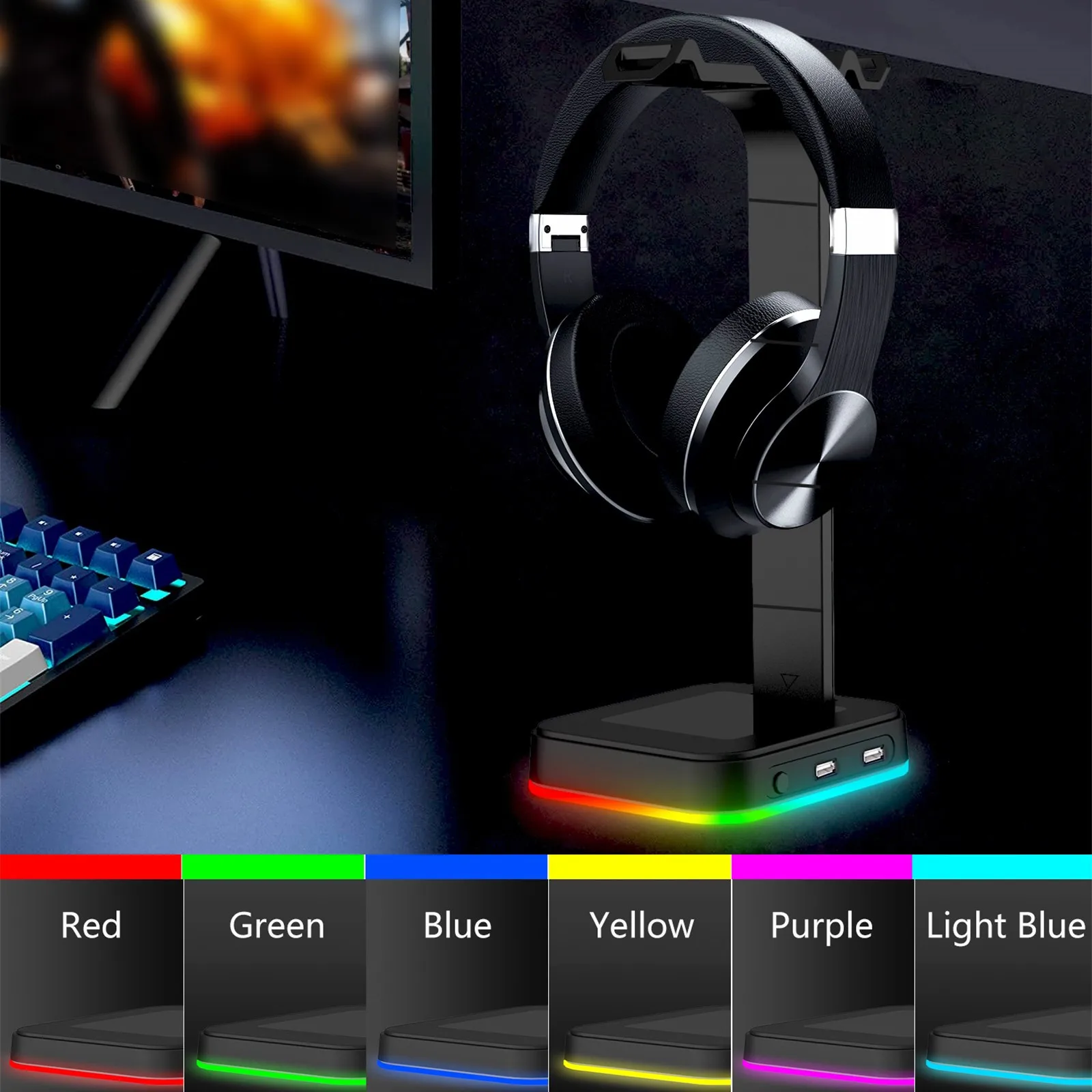 

Держатель для гарнитуры с 2USB-портами, игровая подставка RGB 2,0, универсальный адаптер для наушников и дисплеев, совместим с Iphone
